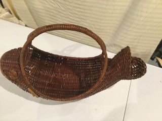 Vintage Two - toned Nautical Fish Shaped Wicker Rattan woven Basket w Handle 13x9 3