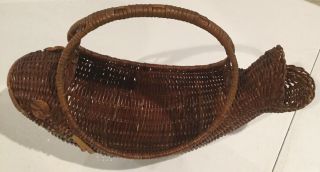 Vintage Two - toned Nautical Fish Shaped Wicker Rattan woven Basket w Handle 13x9 4