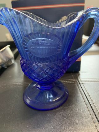 3 Piece Avon Fostoria Blue Glass Washington Goblets W/mt Vernon Creamer/pitcher