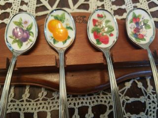Vintage 5 Pc Set Enameled Fruit Spoons W/ Wood Hanger Display Shelf