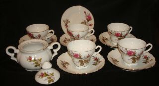Vintage Japan Moss Rose Porcelain 5 Demitasse Cups & Saucers Sugar Bowl Childs