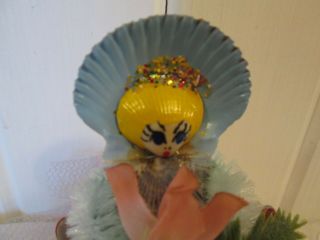 Vintage Seashell Lady Chenille Arms Hand Painted Face Tinted Blue Shells Ribbon 2