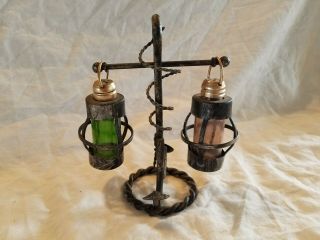 Vintage Metal Anchor Stand With Green & Red Glass Salt And Pepper Shakers