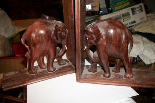 Vintage Brown Wooden Elephant Bookends - India - 7.  5 High - 15in Long
