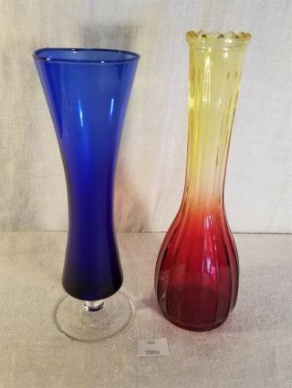 Thriftchi Art Glass Bud Vases - Blue Flared Top End,  Red Flashing