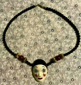 Vintage Ceramic Clown Face Necklace W/beaded Chain Beads Jewelry Fancy