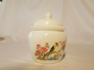 Vintage Avon White Milk Glass Ginger / Apothecary Jar W/lid Bird & Flowers