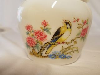 Vintage Avon White Milk Glass Ginger / Apothecary Jar w/Lid Bird & flowers 2