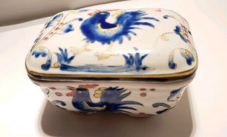 Vintage Chinese Pottery Blue Rooster Trinket Box Blue And White Stoneware