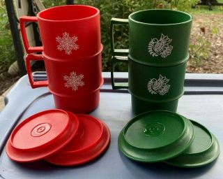 Tupperware Christmas Holiday Cups Snowflake / Bird Mugs / Coasters/lids Set Of 4