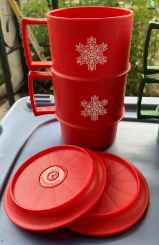 TUPPERWARE Christmas Holiday CUPS Snowflake / Bird mugs / coasters/lids SET OF 4 2