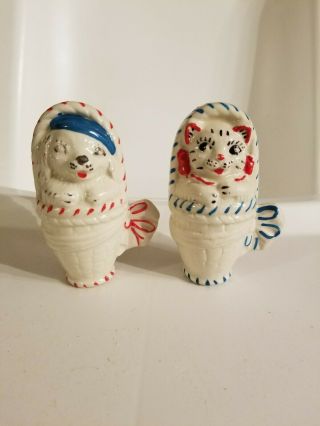 Vintage Dog And Cat In Baskets Salt And Pepper Shakers