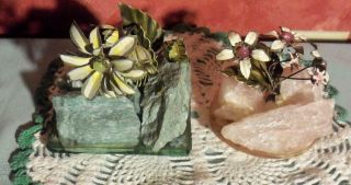 (2) Vintage Handcrafted Frank Mosse Rock Mineral Medal Flowers Art Sculptures