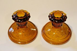 Set Of 2 Vintage Amber Floral Candlestick Holders Euc Pretty
