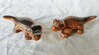 Vintage Ceramic Black - Brown & Tan Gators Salt And Pepper Shakers