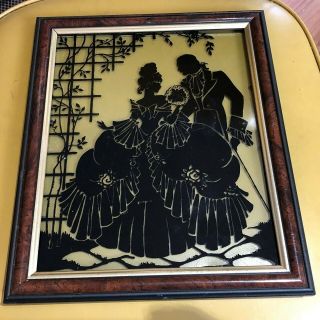 Vintage Reverse Painted Glass Silhouette Picture Colonial Couple