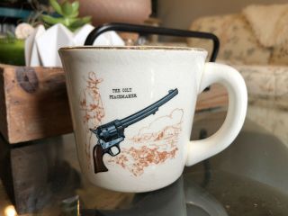 Vintage Vtg The Colt Peacemaker Ceramic Coffee Mug W/ Gold Rim Cowboy Americana