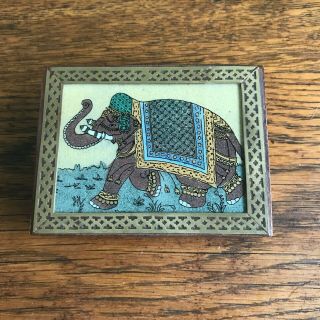 Trinket Jewelry Wood Box India Elephant Reverse Glass Brass Inlay Sand Painted