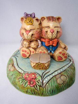 Vintage Ceramic Teddy Bear Figurines Signed Made Usa 1980s Handmade