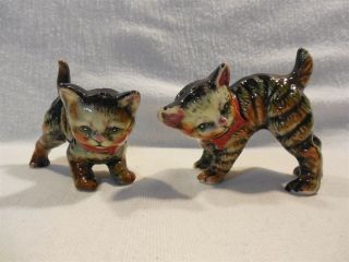 Vintage Japan Ceramic Black Tabby Cat With Red Ribbon Bow Salt & Pepper Shakers