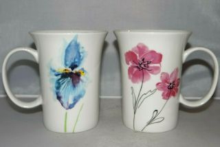 Set Of 2 - Gracie Fine Bone China Pink & Blue 10oz.  Coffee Mug Tea Cup Floral