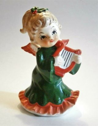 Vintage Lefton Christmas 2543 Green & Red Ponytail Angel With Harp Figurine