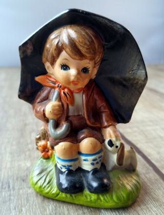 Vintage Hummel Style Umbrella Boy & Girl Figurine Set Hand Painted Ceramic MC 4