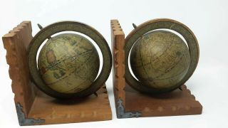 Vintage Pair Globe Bookends Travel World Rotating Wooden Made In Hong Kong