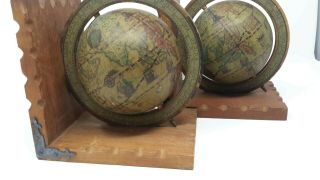 Vintage Pair Globe Bookends Travel World Rotating Wooden Made in Hong Kong 2