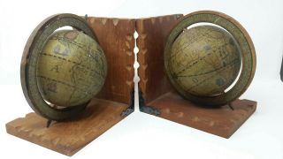 Vintage Pair Globe Bookends Travel World Rotating Wooden Made in Hong Kong 3