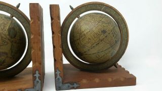 Vintage Pair Globe Bookends Travel World Rotating Wooden Made in Hong Kong 4