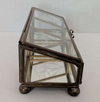 Vintage Glass & Brass Jewelry Trinket Box Etched Glass Mirror Bottom 2