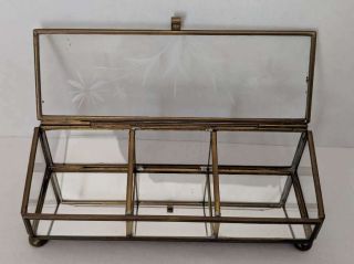 Vintage Glass & Brass Jewelry Trinket Box Etched Glass Mirror Bottom 3