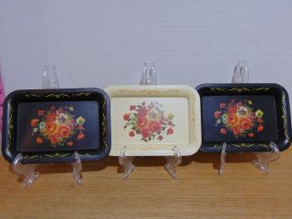 3 Vintage Small Tin Trays Rose Design - 2 Black,  1 Cream - 6 1/2 " X 4 1/2 "