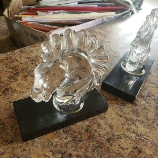 Vintage Crystal Glass Horse Head Bookends Pair Art Deco Black Onyx Type Base