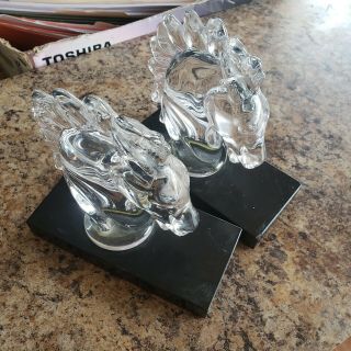 Vintage Crystal GLASS HORSE HEAD BOOKENDS Pair Art Deco Black Onyx Type Base 4