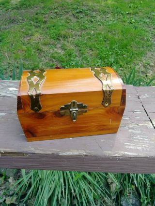 Vintage Small Cedar Chest Jewelry Dresser Box Brass Metal Accents