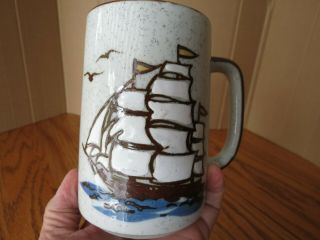 Vintage Stoneware Coffee Mug Nautical Sailing Seagulls Speckled Japan Otagiri