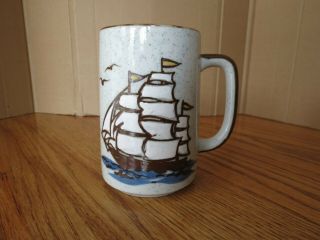 Vintage Stoneware Coffee Mug Nautical Sailing Seagulls Speckled Japan Otagiri 2