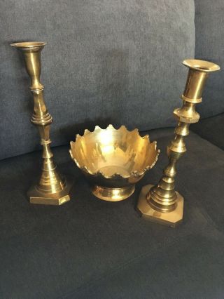 Vintage Pair Unmatched 10 " Brass Candlesticks Candle Holders Square Base,  Bowl
