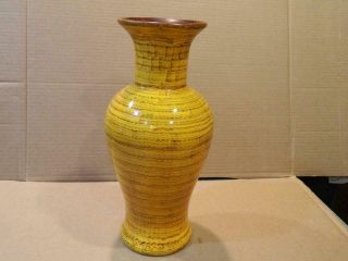 Maitland Smith Large Vase Golden Yellow W/ Brown Feathering Labeled [b]