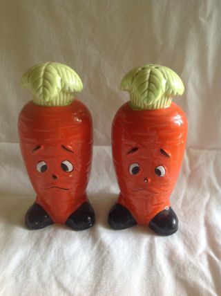 Vintage Anthropomorphic Carrot Salt Sad Face And Pepper Shakers Ceramic Japan