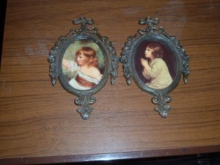 Vintage Small Italian Filigree Brass Framed Girl Pictures