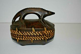 Vintage African Hand Carved Wooden & Woven Bamboo Oval Box W/wooden Reptile Lid