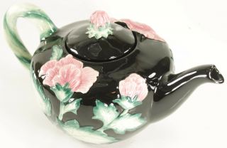 Fitz & Floyd Teapot Black Pink Green Floral Rose