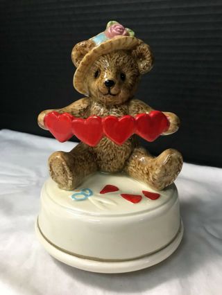 Otagiri Ceramic Teddy Bear Rotating Music Box Playmates Paper Hearts Japan