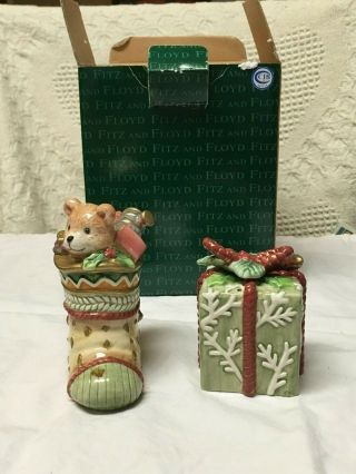 Fitz & Floyd Winter Holiday Santa Stuffed Stocking And Present Salt & Pepper Set