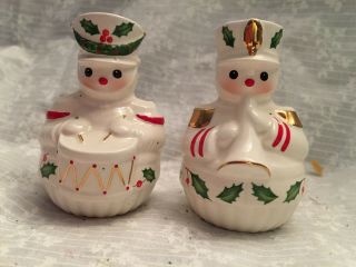 Salt And Pepper Shakers Christmas Drummer Horn Player,  White Porcelain 2.  5 Inch
