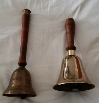 2 Large Solid Brass School Bells W/ Wood Handles