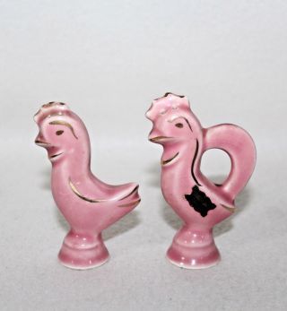Whimsical Vintage Grandly Ware " Pink Folk Art Birds " Salt & Pepper Shakers